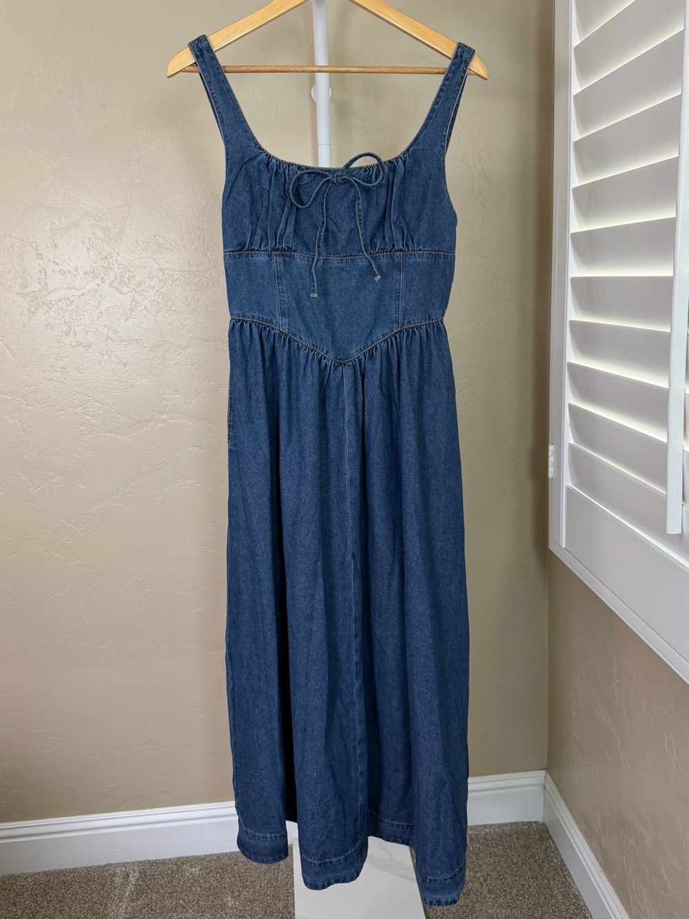 Commense Blue Denim Square Neck Tie Front Cotton Blend Midi Dress Small NWT - Picture 4 of 11